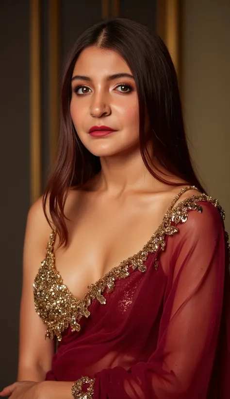 Generate a ultra realistic close up front image of a maroon transparent sleeveless saree. The blouse is golden colour with mirror sequins. It has no sleeves and has a golden satin finish with spaghetti straps. The woman is giving a sexy, seductive and bold...