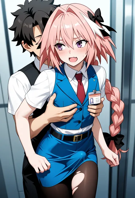 anime coloring,bulge,astolfo (fate),otoko no ko,multiple boys,pantyhose,erection under clothes,pink hair,skirt,male focus,blush,long hair,purple eyes,2boys,erection,open mouth,torn clothes,yaoi,vest,black hair,black bow,crossdressing,shirt,bow,multicolored...