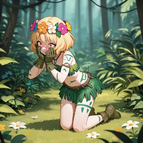 Goddess of nature, lewd expression, war paint on body, Green Sleeveless jungle top, Green ripped skirt, small leather gloves, short blonde Hair with some fringe falling over her face, flower crown, full body, war paint, Hugging a white dressed girl from be...