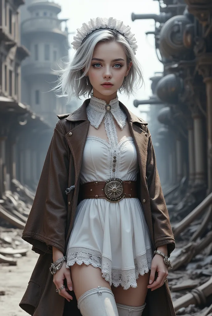 Full body view blonde girl with short hair, Beautiful girl with short silver hair, Steampunk fantasy style, 8k 3D, 젊은  maid's suit 소녀, Victorian steampunk style. Young Female Maid, ( realistic), (Post apocalyptic girl:1.2),photorealistic, 8k, Raw, Rico, In...