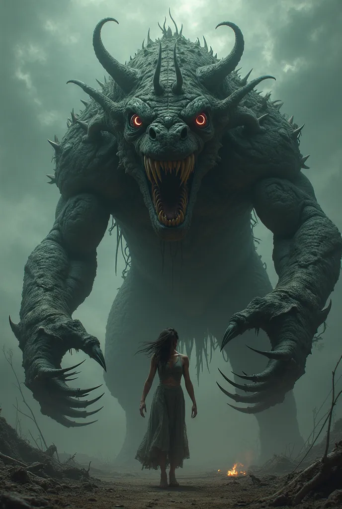 a monster with giant body holding a beautuful women and trying to eat her and woamn feeling fear 