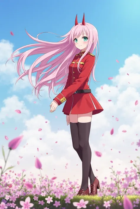 Here’s one for Zero Two from Darling in the Franxx:

Zero Two stands on a flower-covered hilltop, the wind gently lifting her long, flowing pink hair. Her piercing red horns peek out from beneath her hair, a striking contrast to her delicate beauty. Dresse...