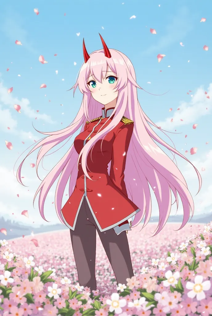 Here’s one for Zero Two from Darling in the Franxx:

Zero Two stands on a flower-covered hilltop, the wind gently lifting her long, flowing pink hair. Her piercing red horns peek out from beneath her hair, a striking contrast to her delicate beauty. Dresse...