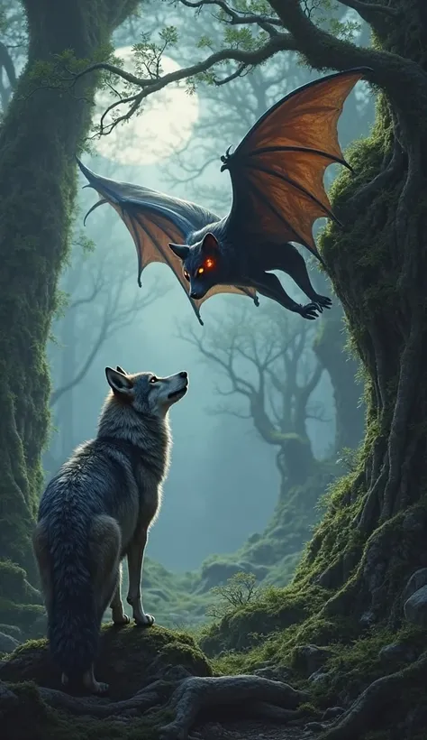 A highly realistic scene of a majestic wolf and a large bat near each other in an ancient, misty forest. The wolf has thick, rugged fur in shades of grey and black, with piercing amber eyes that glow faintly in the dim light. It stands strong and alert, it...