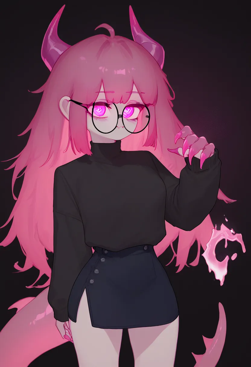 Anime girl with a flower for her left eye, black sweater, medium black skirt, magenta hair, long hair, vibrant inner hair, pink eyes, neon eyes, glowing eyes, dragon horns, glowing horns, ornament on right horn, tired eyes, tired look, lizard tail, glowing...