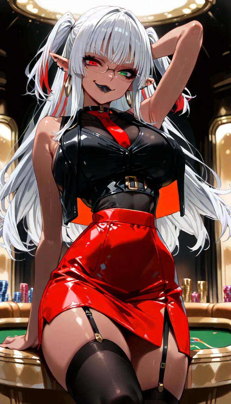 1 lady , dark elf , sexy lady , Noise Reduction , darkskin style , under rim glasses , (blonde colored eyebrows:1.2) , Perfect Detailed eyes , cool eyes , (heterochromia:1.5) , red eye , Turquoise green eye , casino , elf ears , many piercing , (detailed f...