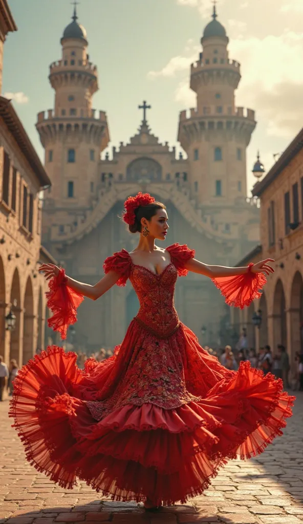 "A beautiful queen in a flowing flamenco dress with a vibrant red flower in her hair, dancing gracefully in front of a Spanish castle."
