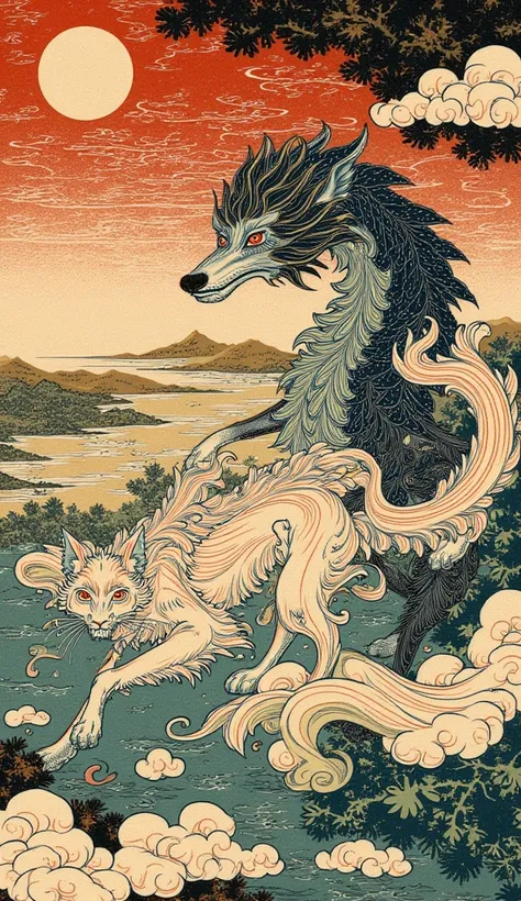 an ukiyo-e depiction of a god dog fighting against a god cat. both animals have japanese motif of curly cloud swirling on their body.