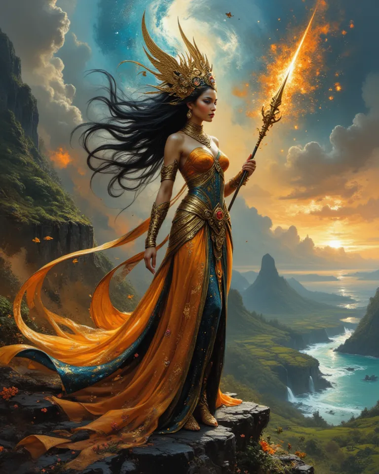 Fantasy hyper-realistic oil painting in Don Lawrence's style: vibrant colors, bold outlines, dynamic lighting. Depict Ibu Pertiwi as a divine matriarch with ageless, amber-glowing skin and dual-toned eyes (gold and blue). Her obsidian hair flows into water...