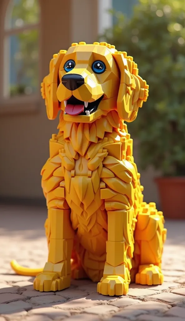 The lively golden retriever is completely built from yellow, red and blue LEGO bricks . The dog's body is perfectly constructed with interlocking LEGO pieces forming its shape with smooth and blocky details. The dog's eyes are small yellow, red and blue LE...