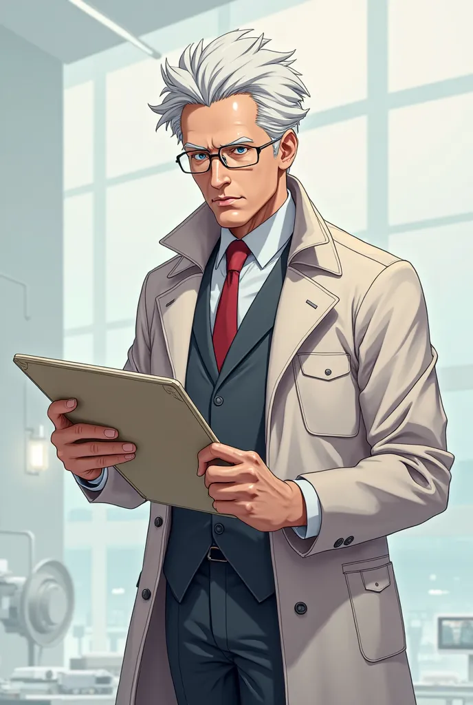 Make a mixed-race man, White-haired, short-haired wearing a scientist's suit and trench coat, holding a drawing board, no estilo anime low poly