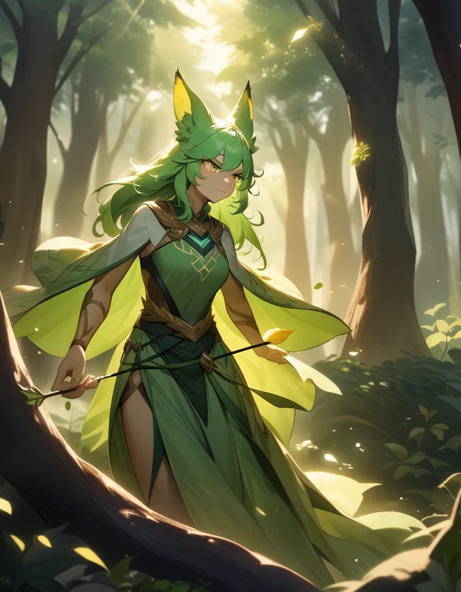 an archer , Fox woman, furry style, with green clothes,  with bow and arrow 