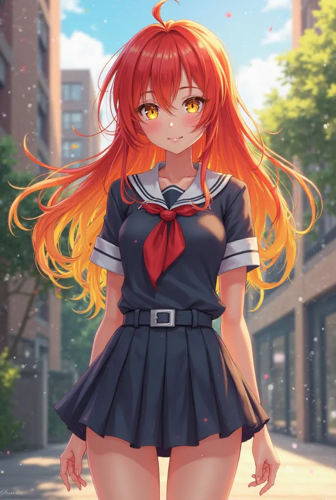 Create an 18 year old anime woman with long red yellow orange hair she should wear a student uniform and 1,Be 70 tall Her eye color should be gold