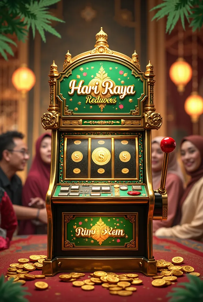 "A luxurious Hari Raya-themed casino advertisement with a slot machine decorated with ketupat, Islamic art, and green-and-gold motifs. The slot machine screen shows a 'Big Win' with golden coins and dollar signs. The background features a festive celebrati...