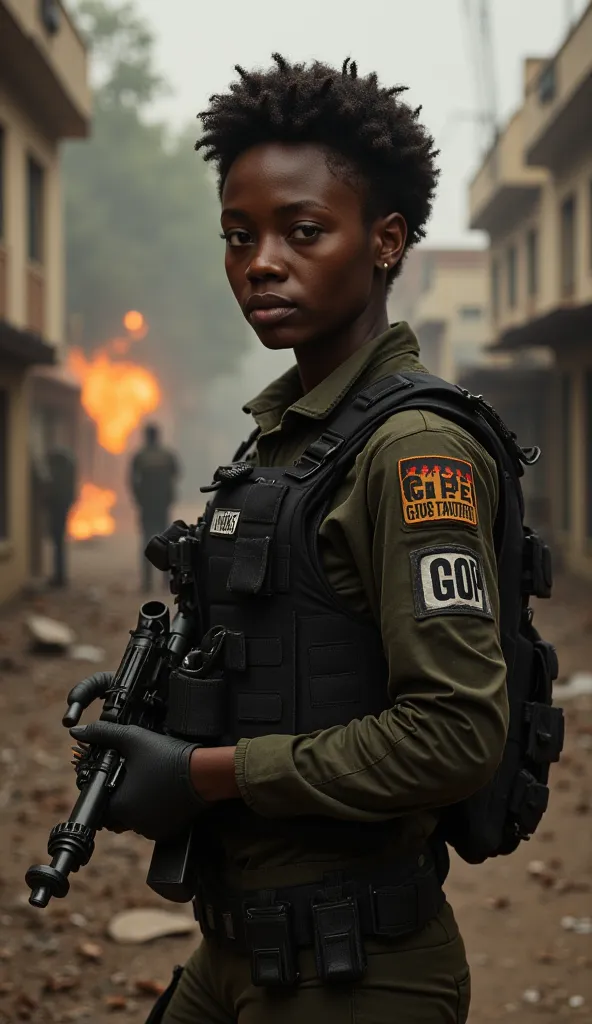 A beautiful young Angolan woman, 20 years old, stands with fierce determination in the midst of a high-stakes police raid. Her short, curly black hair is styled in a pixie bob, framing her striking features that exude both elegance and unwavering focus. As...