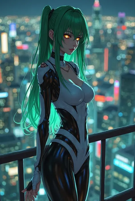  C.C., 4K anime style quality, digital drawing mode, a mysterious green-haired woman with golden eyes, wearing a sleek white and black outfit, standing on the edge of a high-rise balcony in Tokyo, the neon-lit cityscape glowing beneath the night sky, full ...