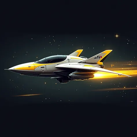 A futuristic, sleek plane with sharp aerodynamic features, inspired by the crash game Jet X. The plane's primary colors are white, black, and yellow, with glowing yellow highlights. It appears to be accelerating forward with a dynamic light trail, symboliz...