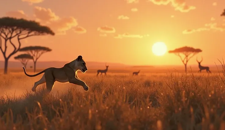  A vast African savannah at sunrise. A small lion cub runs frantically through the dry grass.]