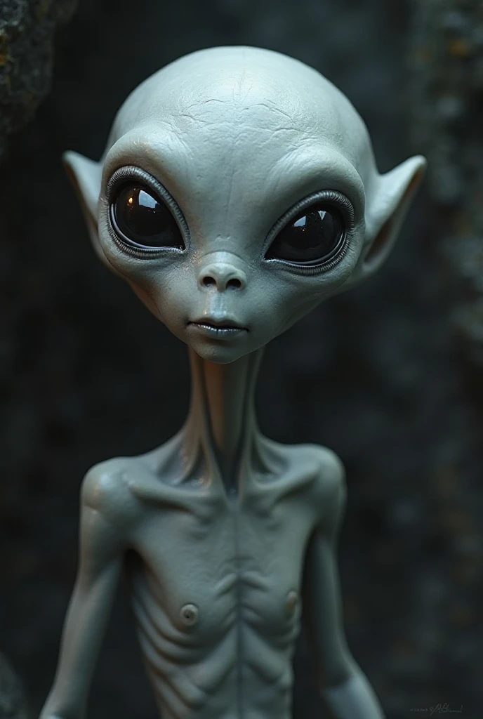 Cinematic and photorealistic image of a grey alien