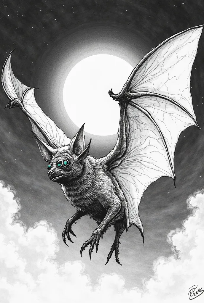 Could you create a line drawing of a bat wearing night vision goggles with its wings spread above its head