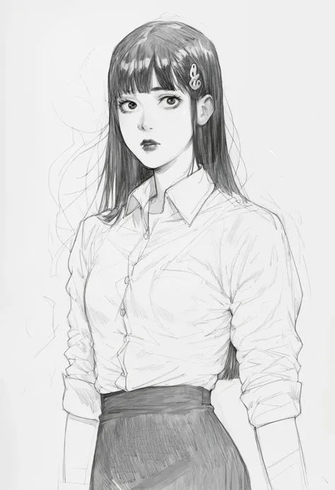 score_9, score_8_up, score_7_up, score_6_up, score_5_up, score_4_up, BREAKsketch, shinji_chibana_artstyle, traditional pencil style, pencil drawing, monochrome, detailed background, detailed background, Asian, white shirt, black skirt, rolled up sleeves, s...