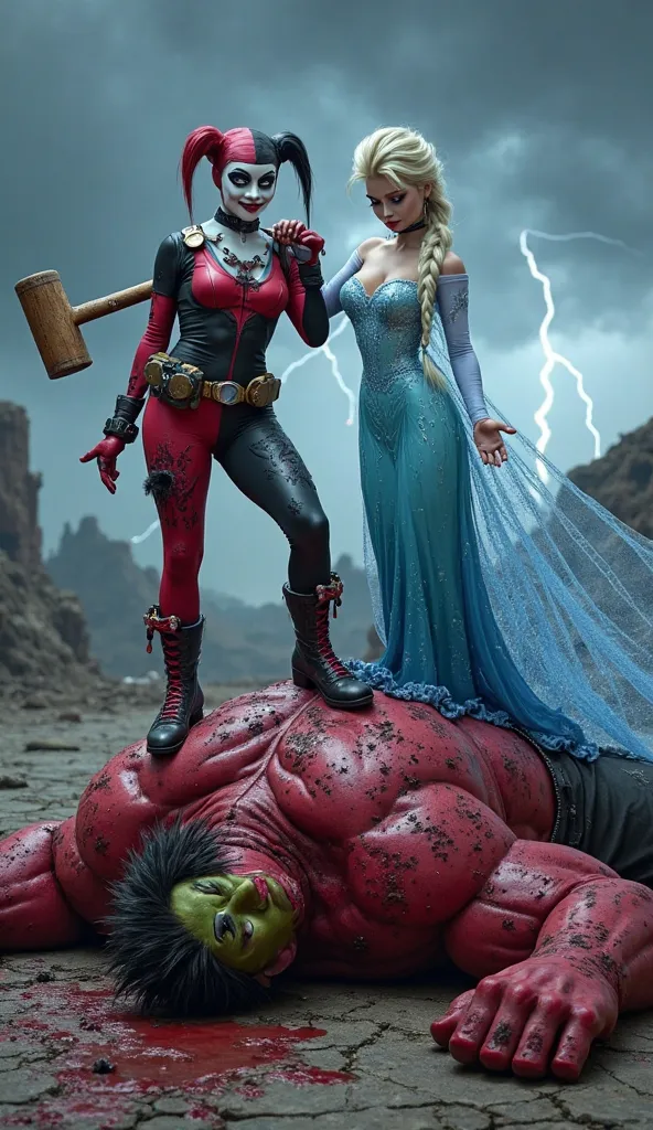 "Harley Quinn and Elsa from Frozen stand victorious over a massive, defeated Red Hulk, who lies on the cracked ground, bleeding. Harley Quinn stands on the left with one foot on Red Hulk's chest, holding her wooden mallet resting on her shoulder, smirking ...