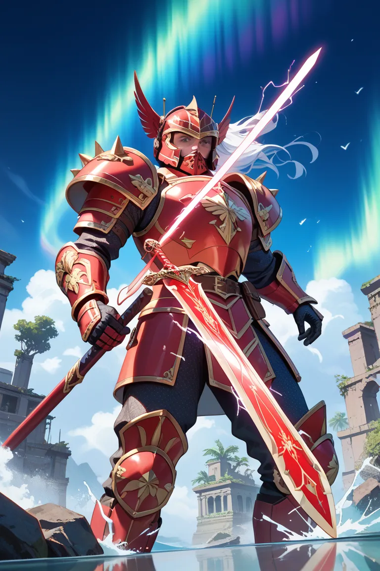 Imperial Armor and Criminal Armor front，Golden Armor collide violently with Crimson Armor，Aurora Sword and Fire Sword intertwined with electricity。Energy splash，Gravel splashes ，Smoke rising in the background ruins。Close-up of the weapon instantly，Armor te...