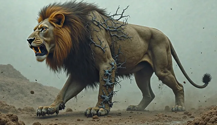 A wounded lion struggling to move, its body covered in massive, unnatural barnacle-like growths.]