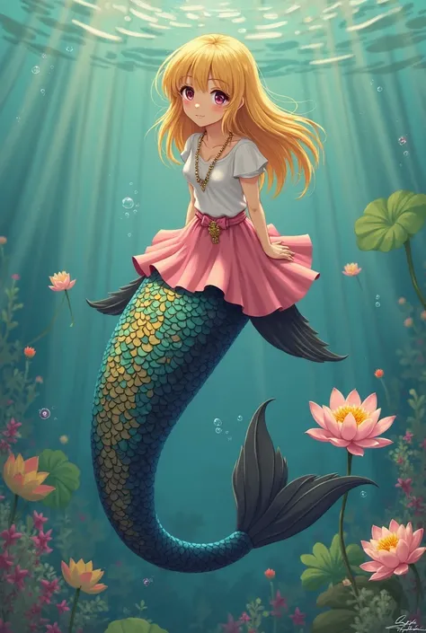 A fair-skinned girl with golden yellow hair, wearing a pink skirt, a white blouse, sitting on the back of a mermaid, black long hair, the undertail with blue, green and golden scales alternating, looks beautiful, the upper body, periodically clad in a neck...