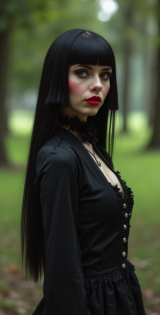 Rory Mercuty,high resolution, best quality, HD model, Highly detailed, high quality photo, full frame, full length , full height,  gothic style, black hair, straight hair, Breasts, makeup, scarlet lips, Park,  walking in the park , posing in the park 