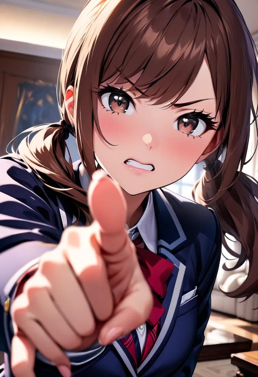 (masterpiece  ,   top quality:1.2), 1 girl, alone, Girl with expressive dark brown eyes, The right move,  beautiful hands , living room,   female college student,  brown hair twin tails, (((perfect face))), blazer uniform, get angry, ((( points to viewers)...