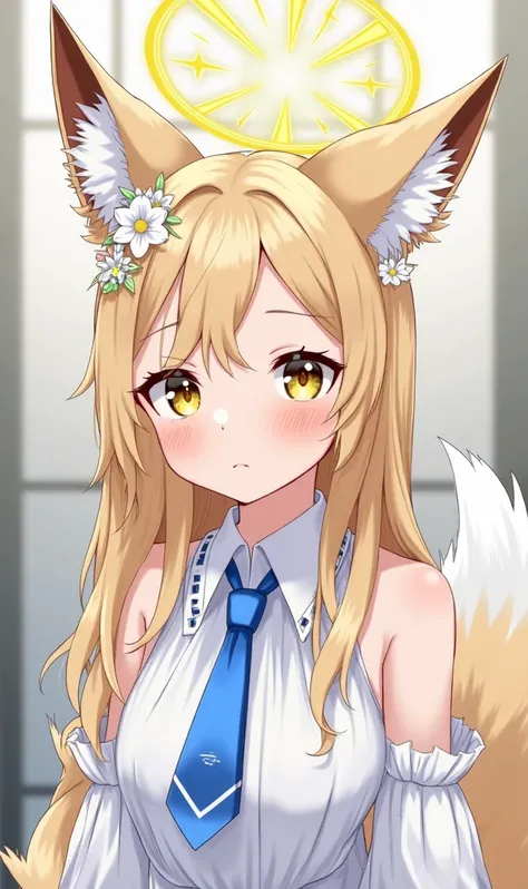 1girl, (blue archive:1.1), 
seia, 
animal ears, solo, blonde hair, halo, long hair, looking at viewer, fox ears, animal ear fluff, dress, necktie, white dress, forehead, closed mouth, hair ornament, yellow halo, upper body, hair flower, yellow eyes, blue n...