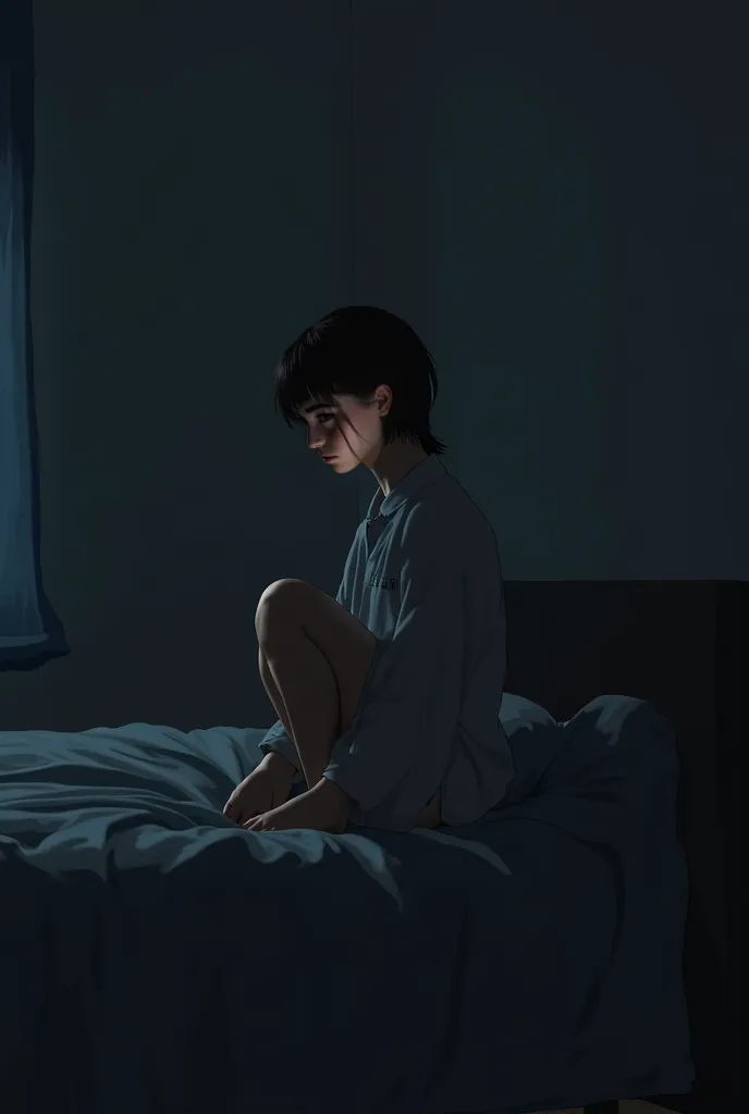 assise sur le bord d’un lit, in a room immersed in a dim light. She's in her pajamas , The knees bent against his chest, le regard vide fixé sur le sol