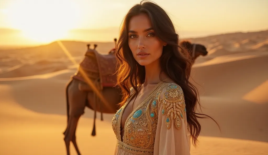 "A beautiful woman with long, wavy dark hair stands in a golden desert landscape, illuminated by warm sunlight. She wears an elegant, flowing traditional Arabian-style dress adorned with intricate gold and turquoise embroidery. Her gaze is soft yet confide...