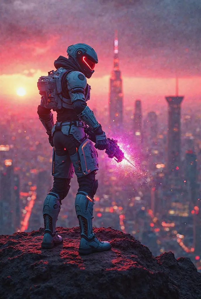 cinematic film still chocolate, chocolate cake, dark background, quality photo, moist texture, frosting, stu "A high-energy, futuristic scene featuring a dynamic character with vibrant neon-colored armor, standing on top of a glowing city skyline at sunset...