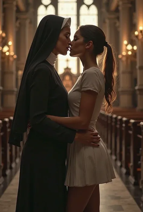 Belinda dressed as a nun kissing Ana de Armas in a school uniform in a church 