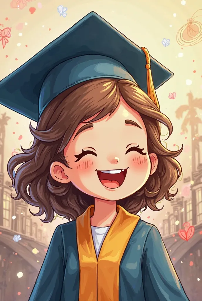 happy, cute,, curl hair,  girl ren in graduation gown and cap at graduation ceremony hand drawn cartoon image. without animation images. girl's eyes need to close