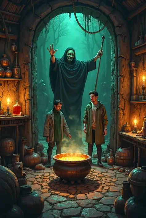 A dark, candle-lit cabin with strange potions, spell books, and a bubbling cauldron in the center. Messi and Ronaldo stand inside, looking around with concern. The witch, an old woman with greenish skin, long claws, and a sinister smile, suddenly appears a...