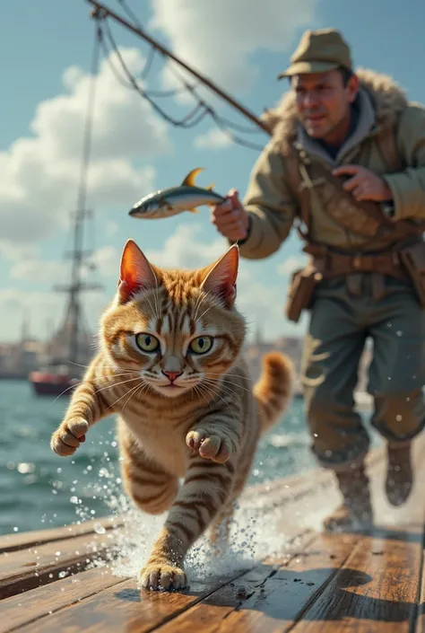 Cat running on two feet from fisherman with fish in hand