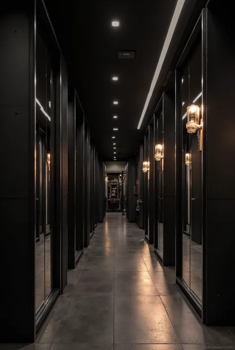  A beautiful gym with a black theme, without people, with stylish and elegant lighting mirror