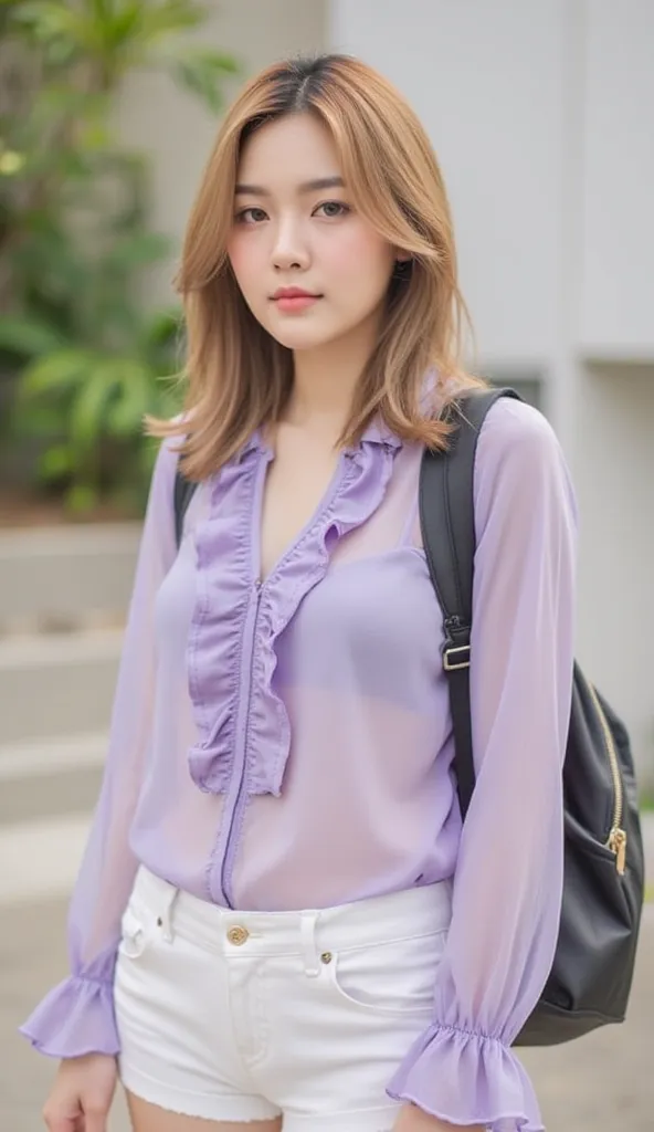 A young woman blond hair, beautiful large round breasts wearing a stylish light-violet thin blouse see-through(no bra) with ruffled placket and cuffs, paired with white chic shorts. She carries a backpack slung over her shoulders, exuding a casual yet eleg...