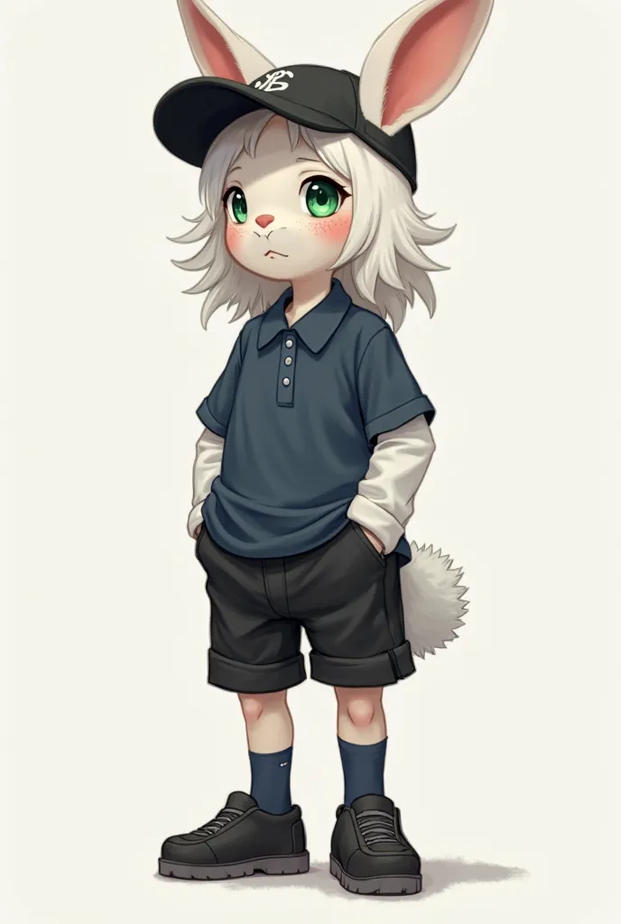 A semi-realistic humanized version of a rabbit. She has medium-wavy white hair, freckles on both cheeks, some more notable than others, eyes pulled to green. The rabbit's garment is a black cap, black shoes and black socks, a dark blue shirt with white sle...