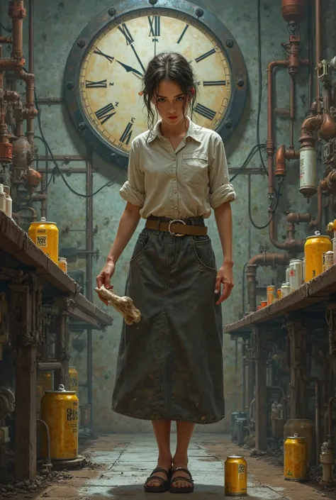 Want to see a picture of a woman in a factory dress picking up a can of soda water( yellow )with a tibial coming out of the belt, on the back is a bg factory and a watch.