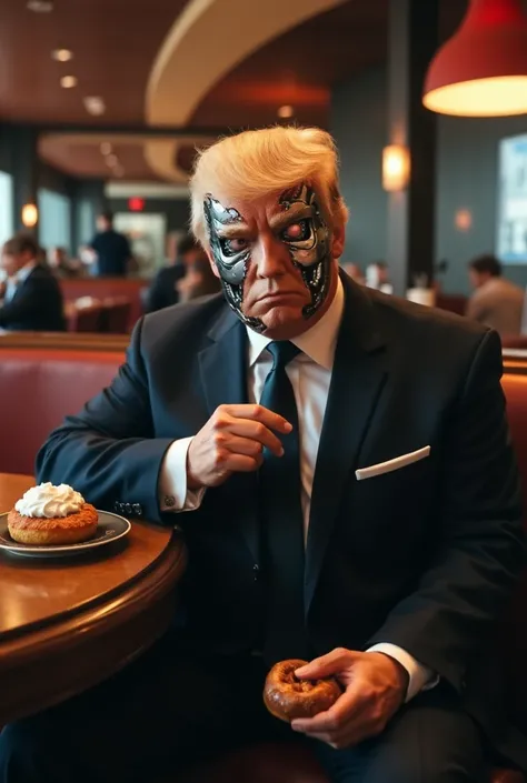 Donald Trump, a damaged terminator, in a suit, eats a doughnut at a posh cafe,  cinematic, high quality, HD, sharp focus, detailed skin, half human face, half robot