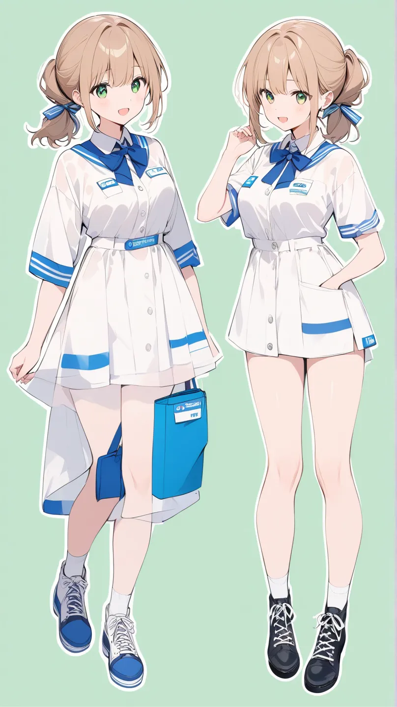 Light color、 line art ,High Resolution、 in detail、Lower ponytail、one girl,cute,:d,stylish,Colorful and cute background、 female college student、 lower breasts visible 、revealing clothes、a combination of FamilyMart and Lawson uniforms、((full body))、high qual...