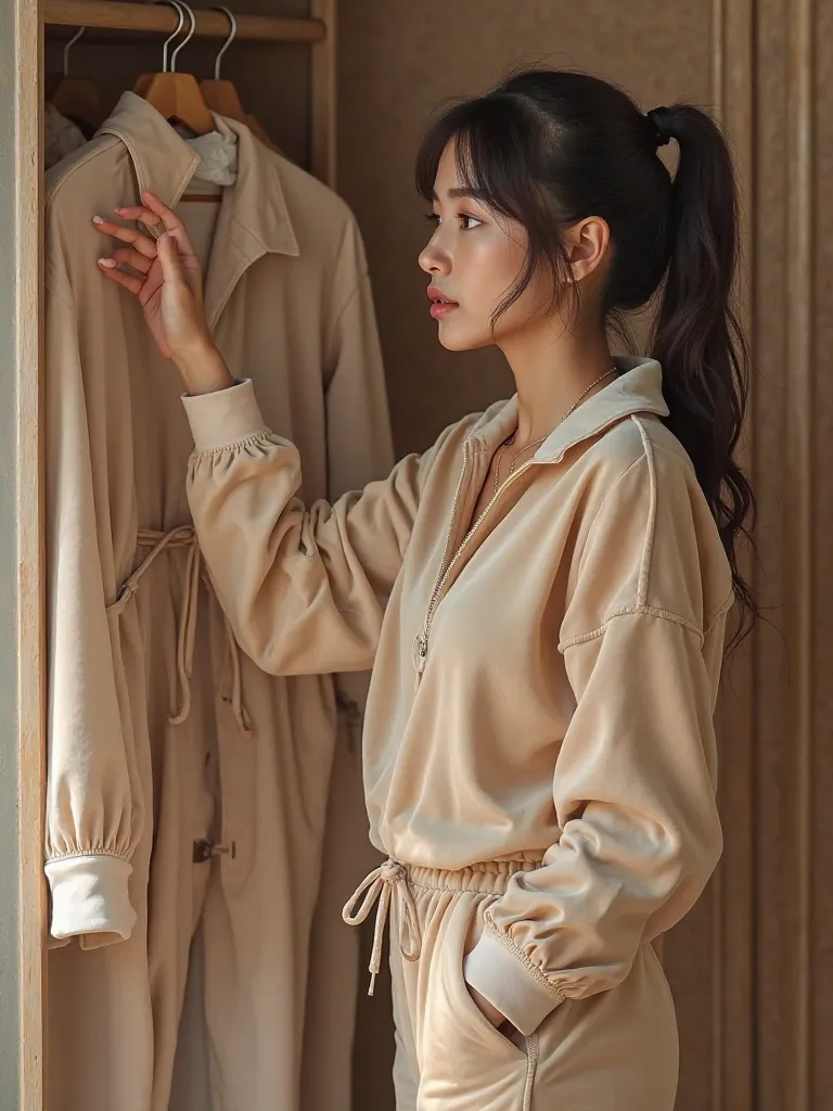 girl, 25 years old, of European appearance, reaches for a shelf, reaches for a hanger with one hand, sideways view, dressed in a velvet beige tracksuit, slippers on her feet, photorealism
