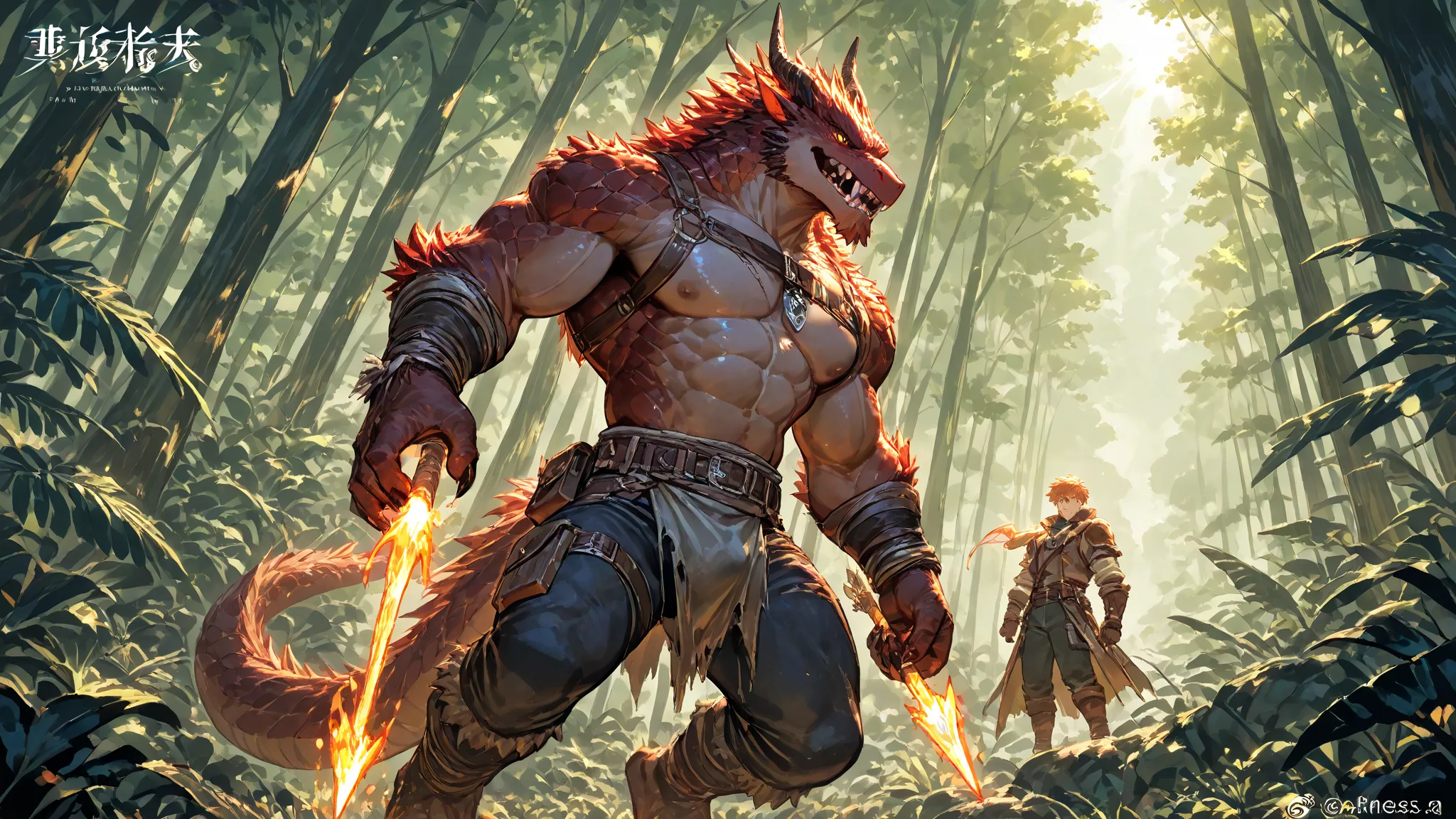 (Hunter, male, male focus) against (Red Dragon, \creature\, flame on mouth), jungle background, rainforest, fog particles