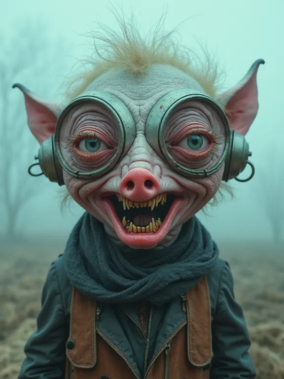 surreal, eerie, misty neon colors, alien headpiece, two large human eyes with long eyelashes popping out of the head of a wizened 100 year old male character, under the eyes is a flat pigs nose, and a mouth which has large open thick lips with large protru...