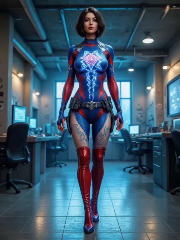 - Main Character, Adult Female "Costa Rica", Beautiful, Tall, Long Legs. Short Hair.
Facing the audience.

- Wearing a costume ("Full Sexy Armor").
Chest and Thigh Armor slightly open.
Futuristic Costume Design. Has very clear scale details.
Wearing a tigh...