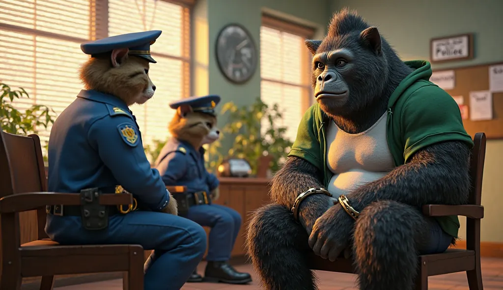 A highly detailed and realistic 3D-rendered scene featuring two anthropomorphic cat police officers in blue uniforms, complete with badges, hats, and utility belts, interrogating a large, muscular gorilla wearing a green hoodie and white undershirt. The go...